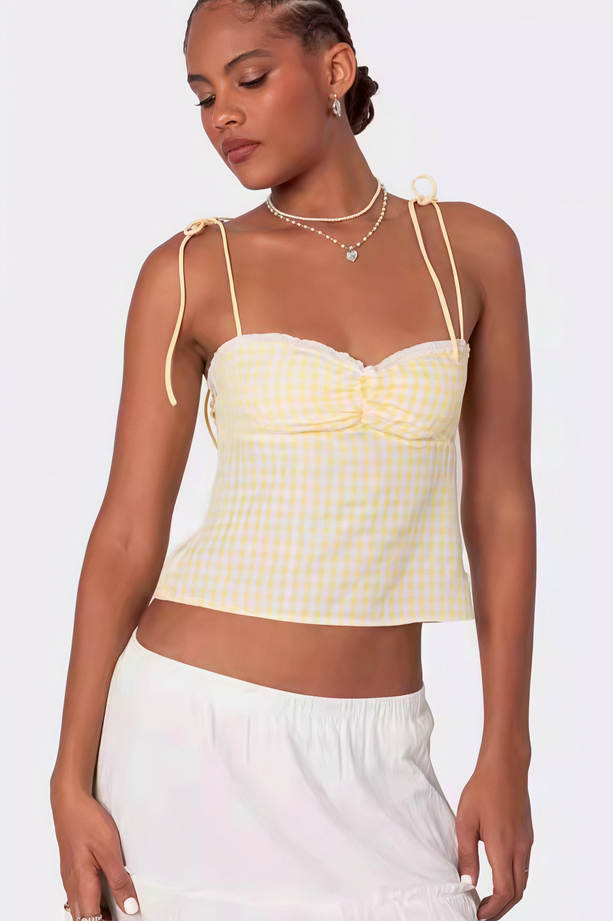 Tie Back Lace Trim Plaid Cami Top image 2