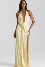 Solid Halter Deep V Backless Slit Floor Maxi Dress image 4