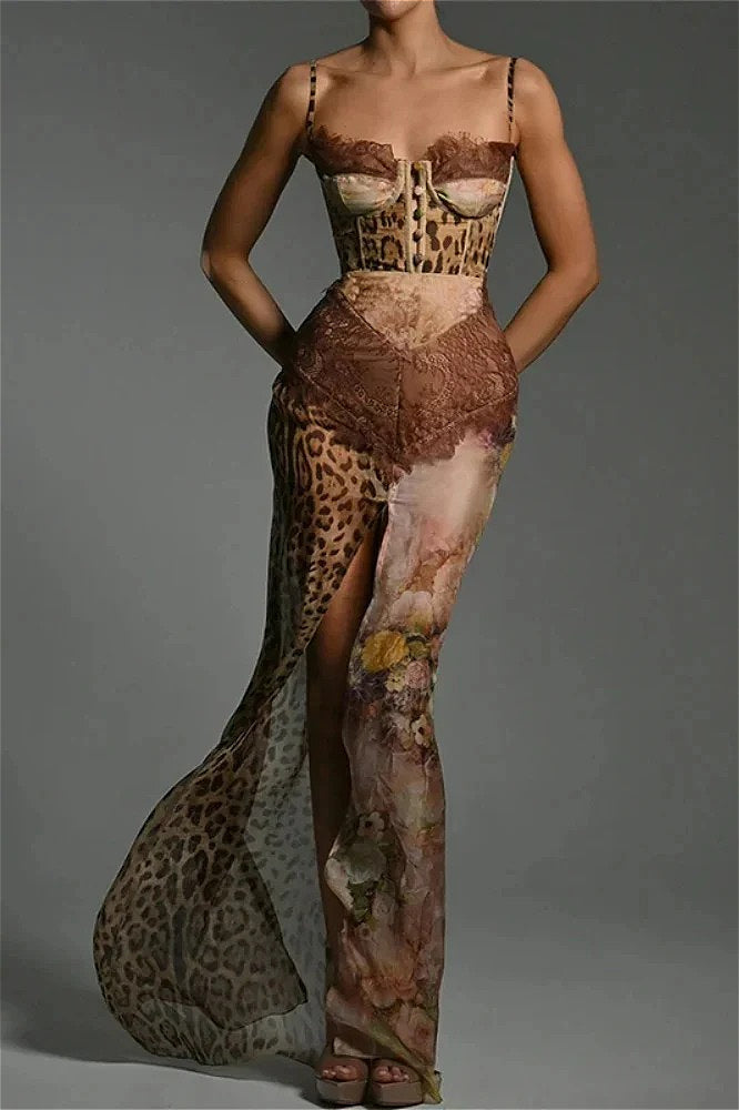 Leopard Printed Patchwork Lace Floral Dress image 4