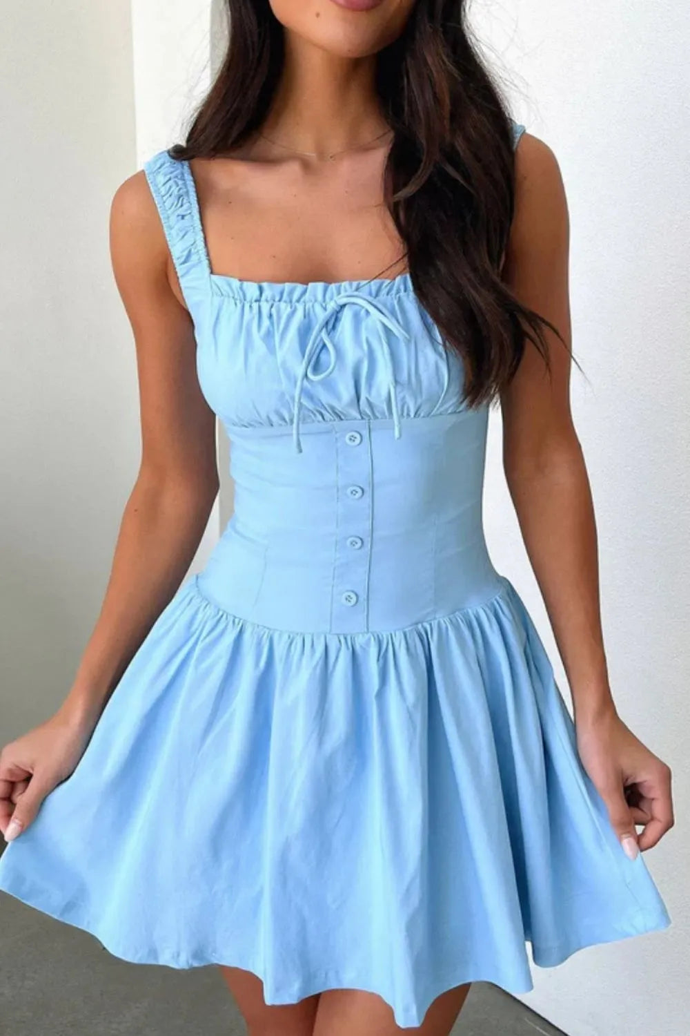 Allegra Button Cami Dress detail view styled for Avrienne