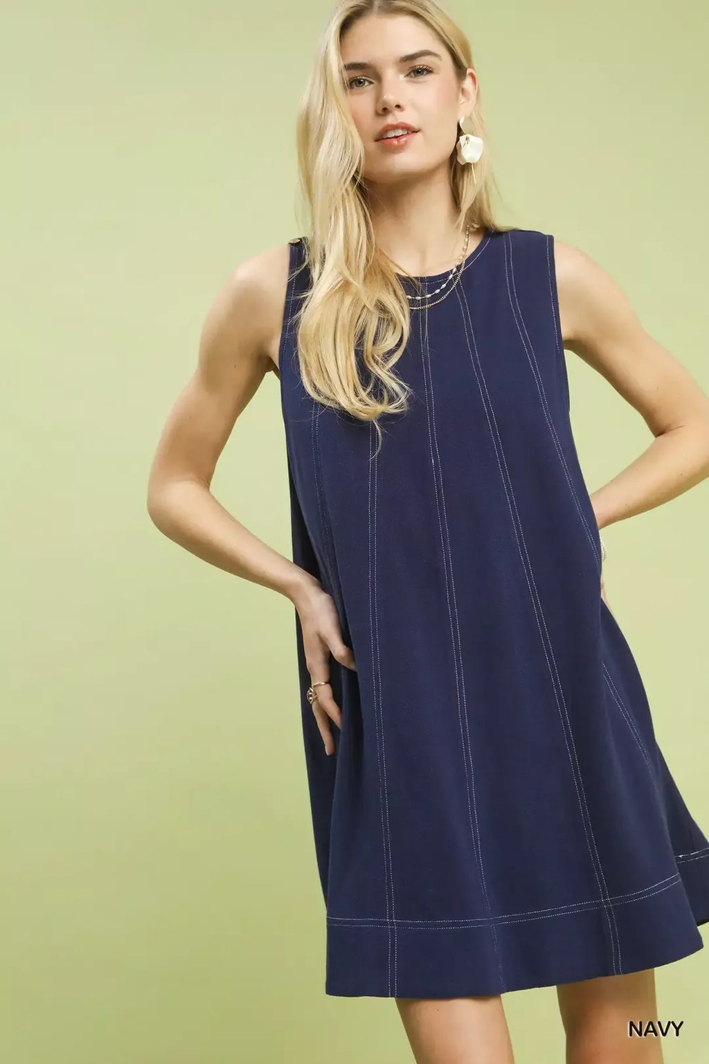 Brielle Linen Dress detail view styled for Avrienne