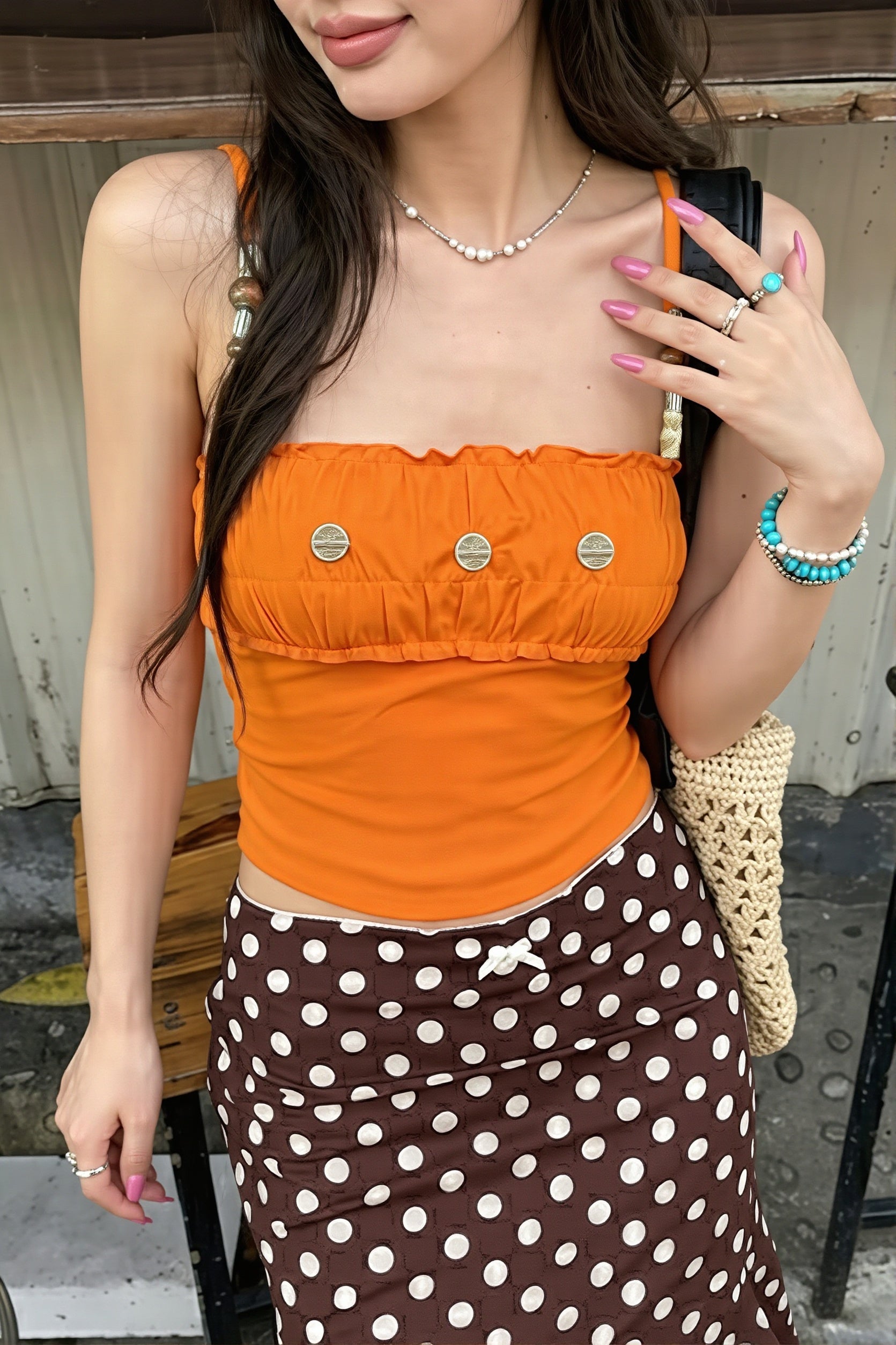 Colorful Beaded Off Shoulder Ruffle Smocked Cami Top image 1