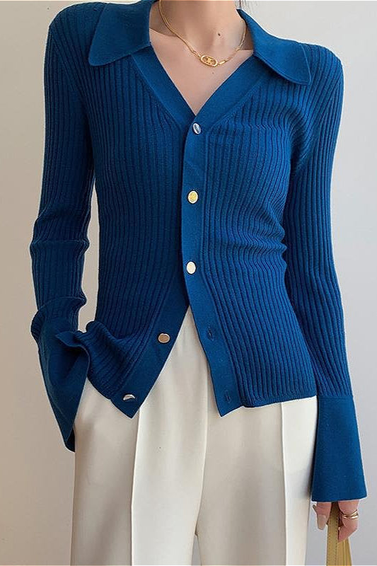 Blue V-Neck Stylish Slim Knit Cardigan image 1