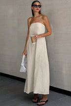 Khaki Cotton Linen Strapless Backless Maxi Dress image 3