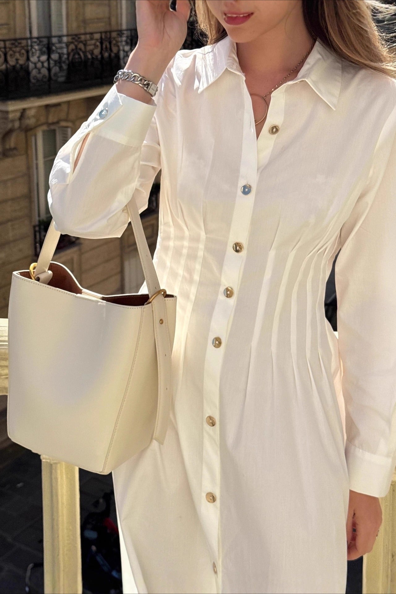 Metal Button Collared Long Sleeve Midi Dress image 4