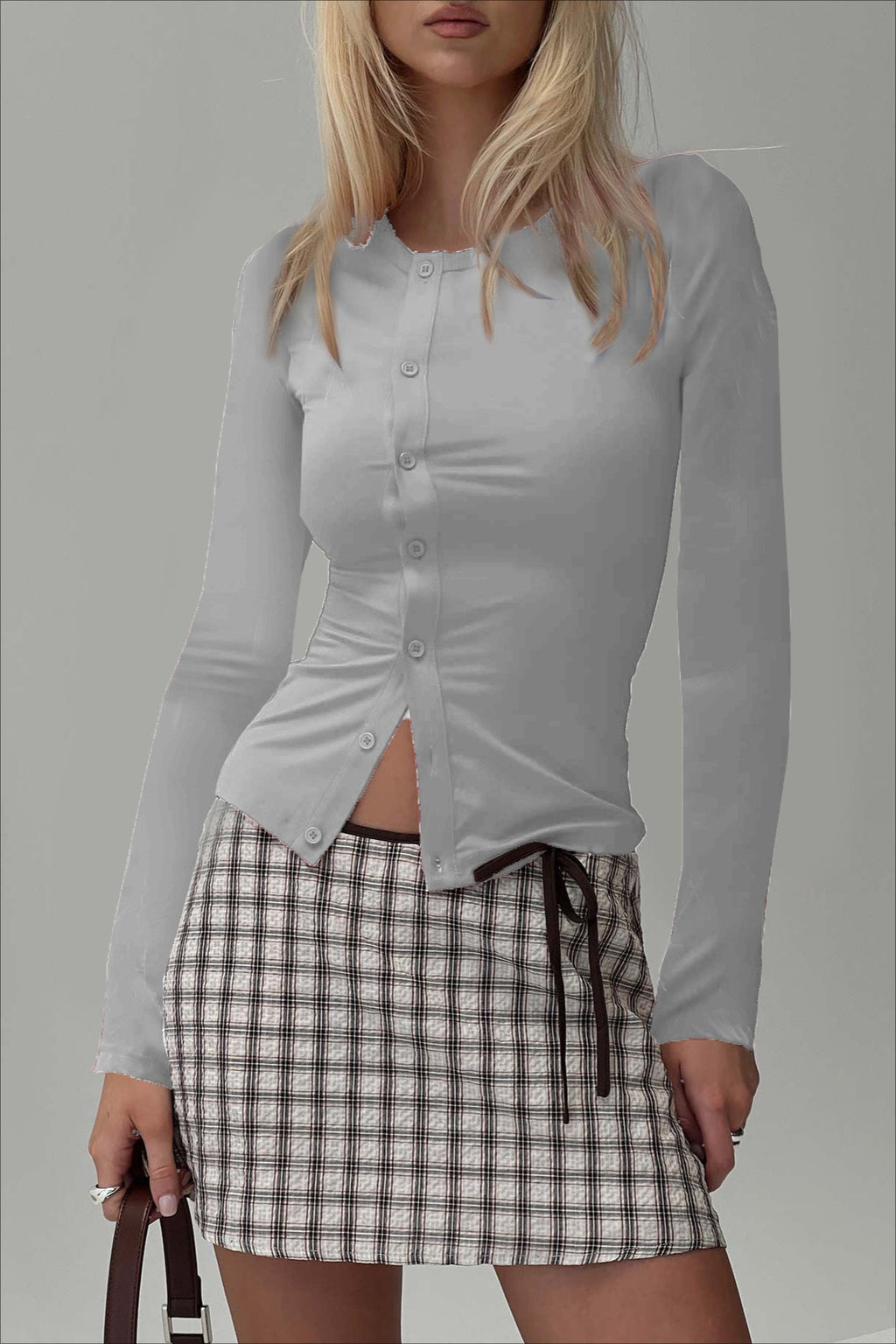 Buttoned Fitted Crew Neck Knit Sweater image 2
