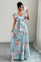 Floral Print Ruffle Sleeve V Neck Pleated Elegant Maxi Dress image 6