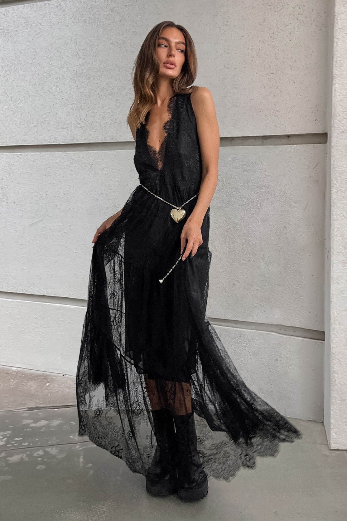 Sexy Solid V Neck Loose Lace Maxi Dress image 1
