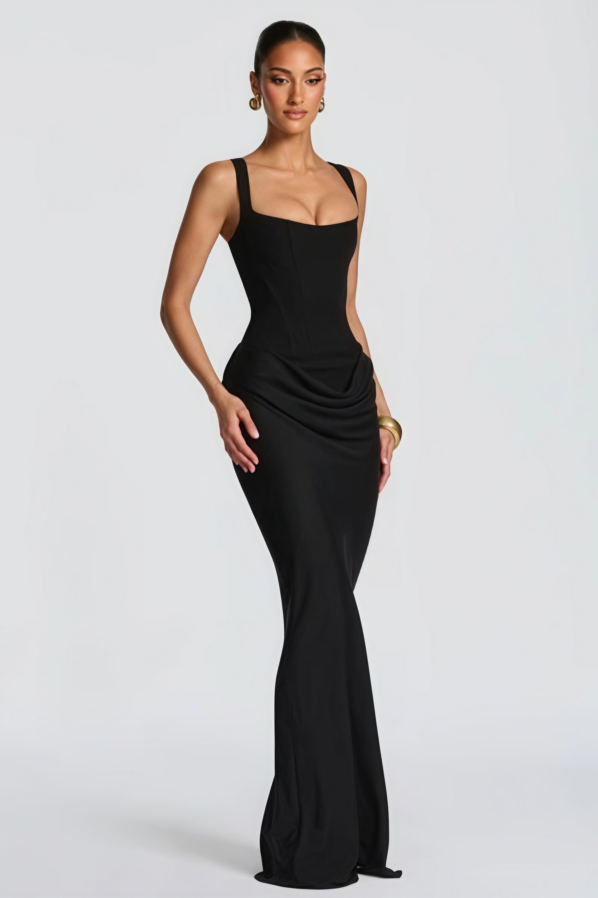 Sexy Ruched Spaghetti Strap Boned Waist Cinching Bodycon Maxi Dress image 5