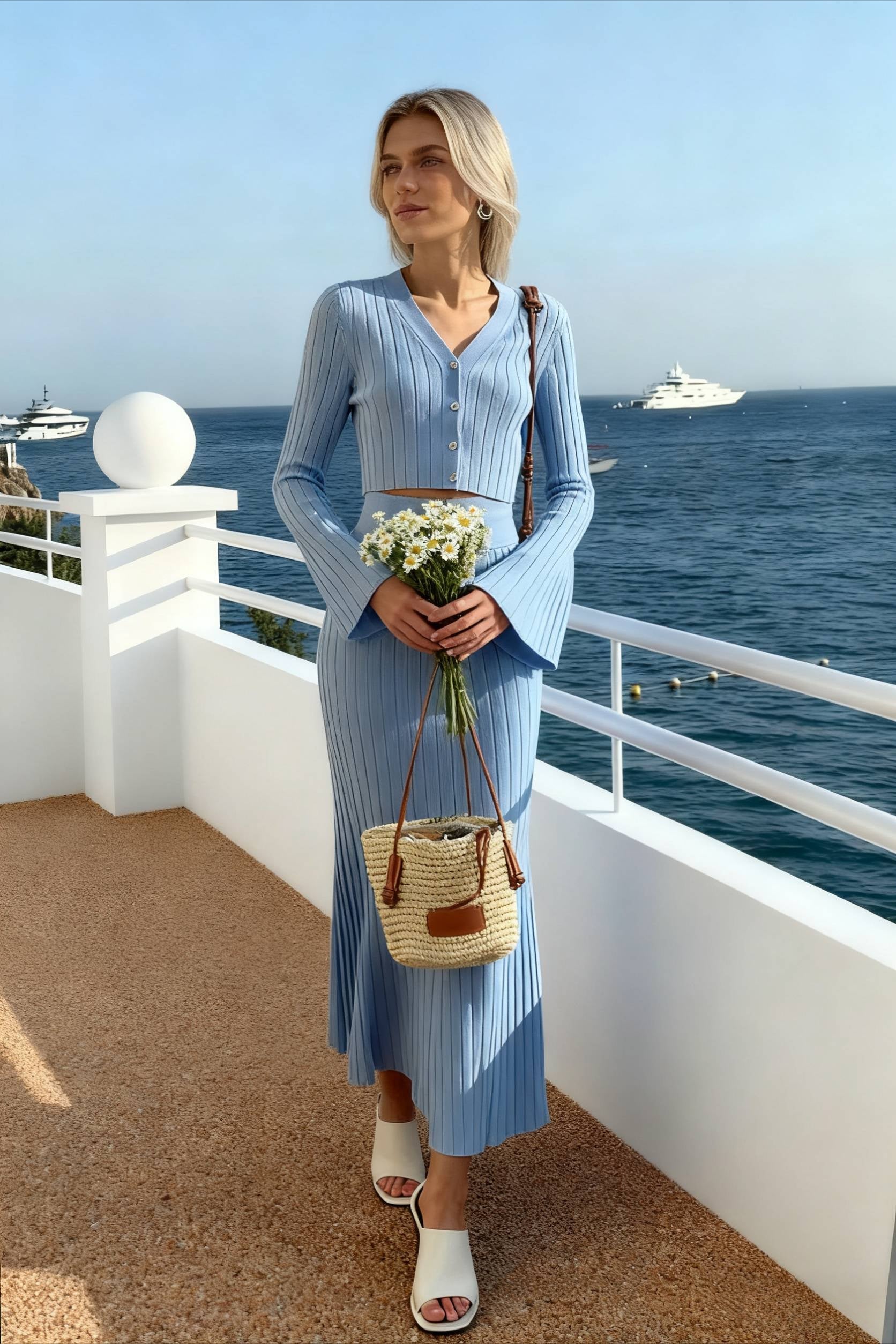 V Neck Knit Cardigan Slim Skirt Two Piece Set image 4