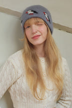 Rabbit Hair Blend Bird Pattern Color Block Knitted Hat image 3