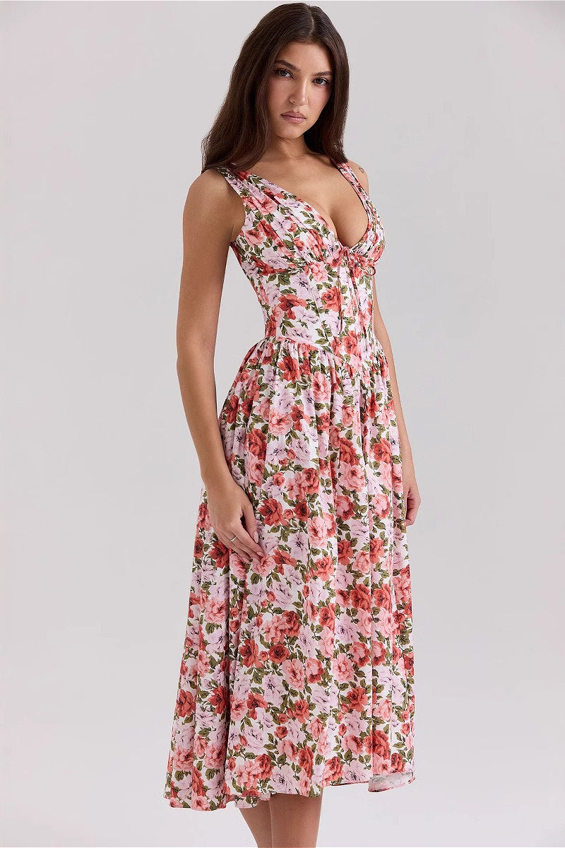 Slim V Neck Spaghetti Strap Floral Dress image 2