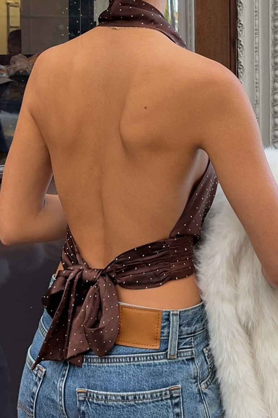 Polka Dot Color Block Backless Halter Crop Top image 4