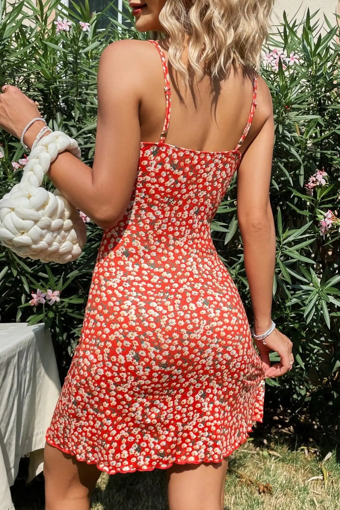 Stylish Red Printed Suspender Floral Dres image 2