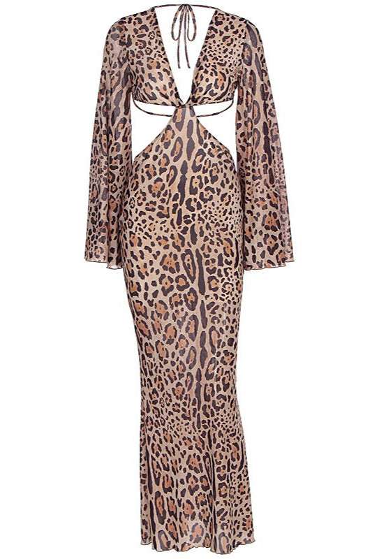 Hollow Out Leopard Flare Slit Maxi Dress image 6