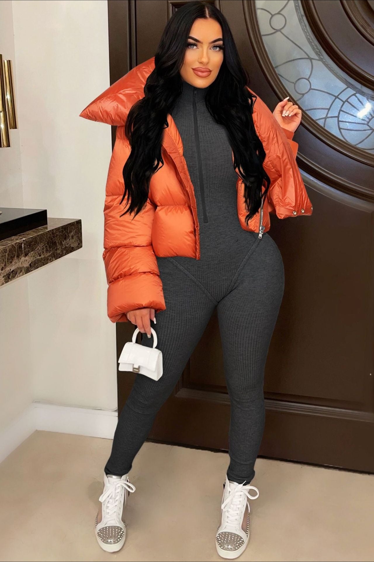 High Neck Scarf Collar Quilted Puffer Jacket image 2