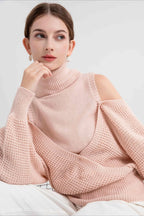 High Neck Off-Shoulder Double Layer Knit Sweater image 2