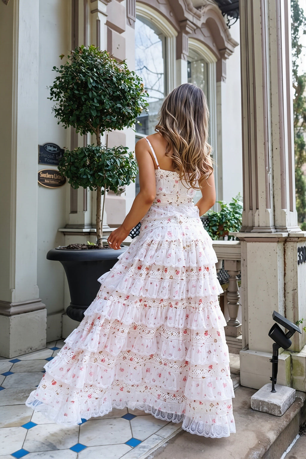 Sexy Lace Trim Print Tiered Ruffle Hem Cami Maxi Dress image 6