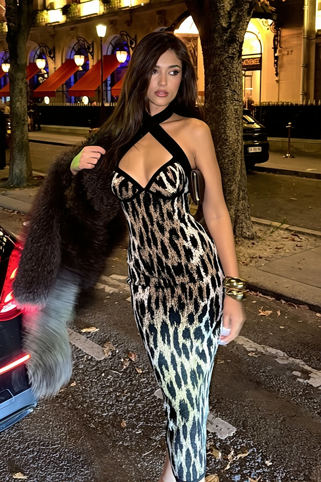 Leopard Print Split Halter Slim Maxi Dress image 1