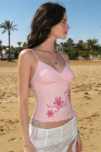 Solid Floral Ruffled V Neck Cami Top image 2