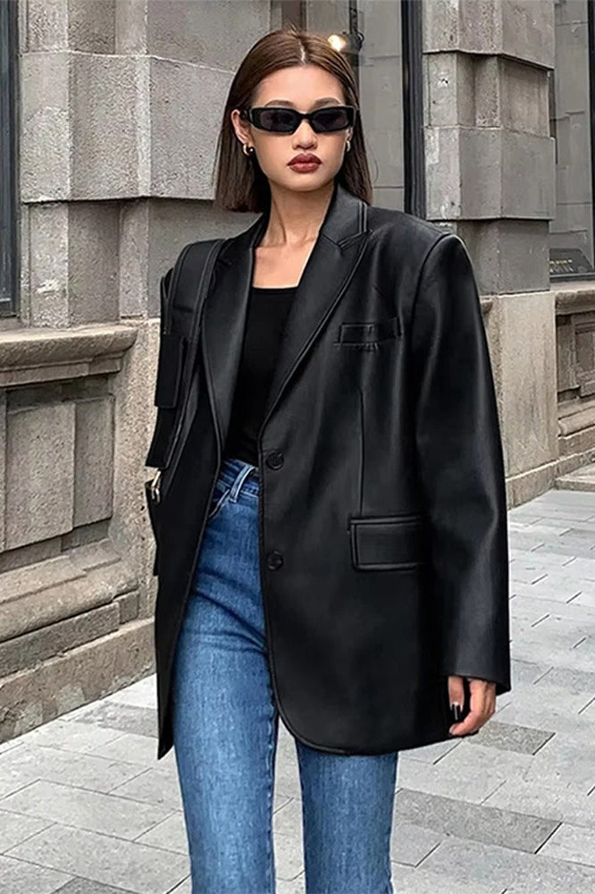 Black PU Leather Blazer Jacket image 9