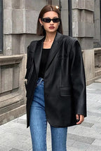 Black PU Leather Blazer Jacket image 9