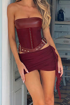 Retro Corset Tie Bandeau Leather Cutout Bodycon Skirt Set image 3