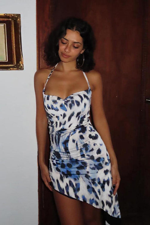 Asymmetrical Leopard Bodycon Halter Midi Dress image 2