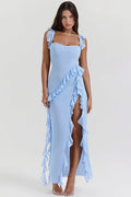Ribbon Ruffle Splice Slit Maxi Dress image 1