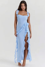 Ribbon Ruffle Splice Slit Maxi Dress image 1