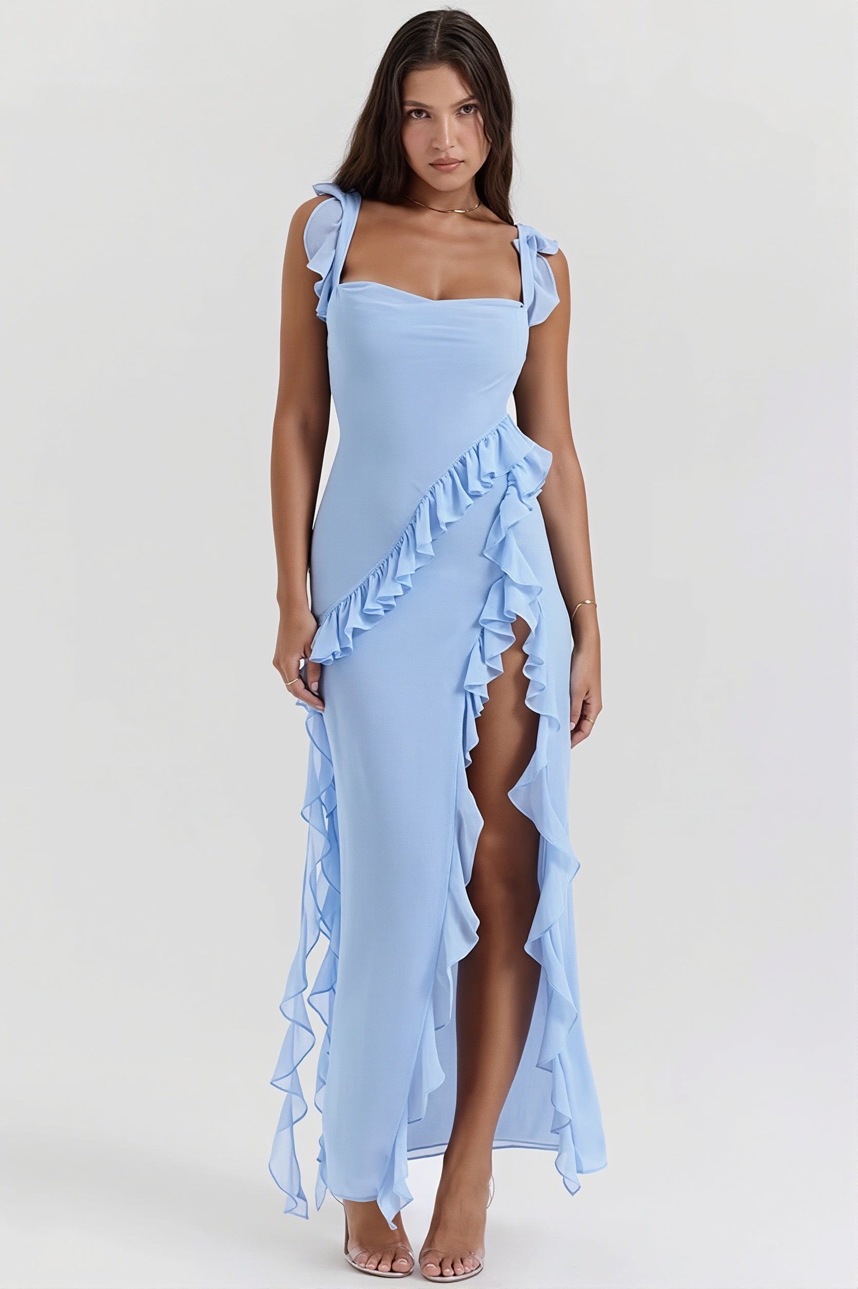 Ribbon Ruffle Splice Slit Maxi Dress image 1