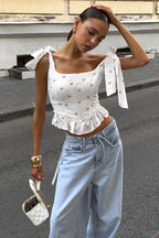 Chic Floral Print Ruffle Tie Cami Top image 3
