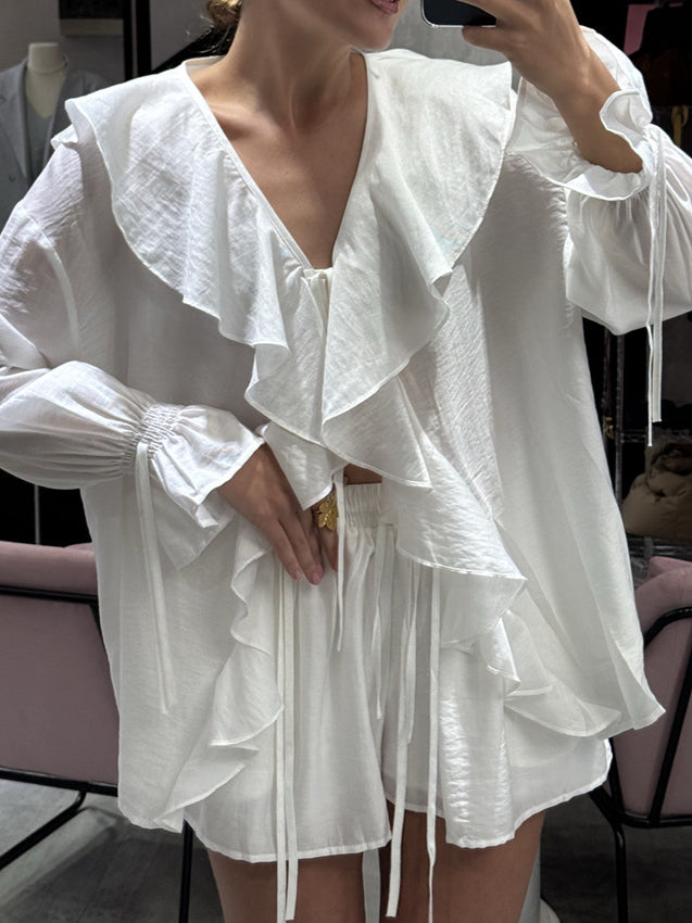 Ruffled Hem Tie Front Cardigan & Shorts Set Blouse image 7