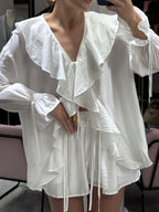 Ruffled Hem Tie Front Cardigan & Shorts Set Blouse image 7