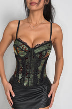 Sexy Mesh Print Lace Insert Underwire Corset Cami Top image 3