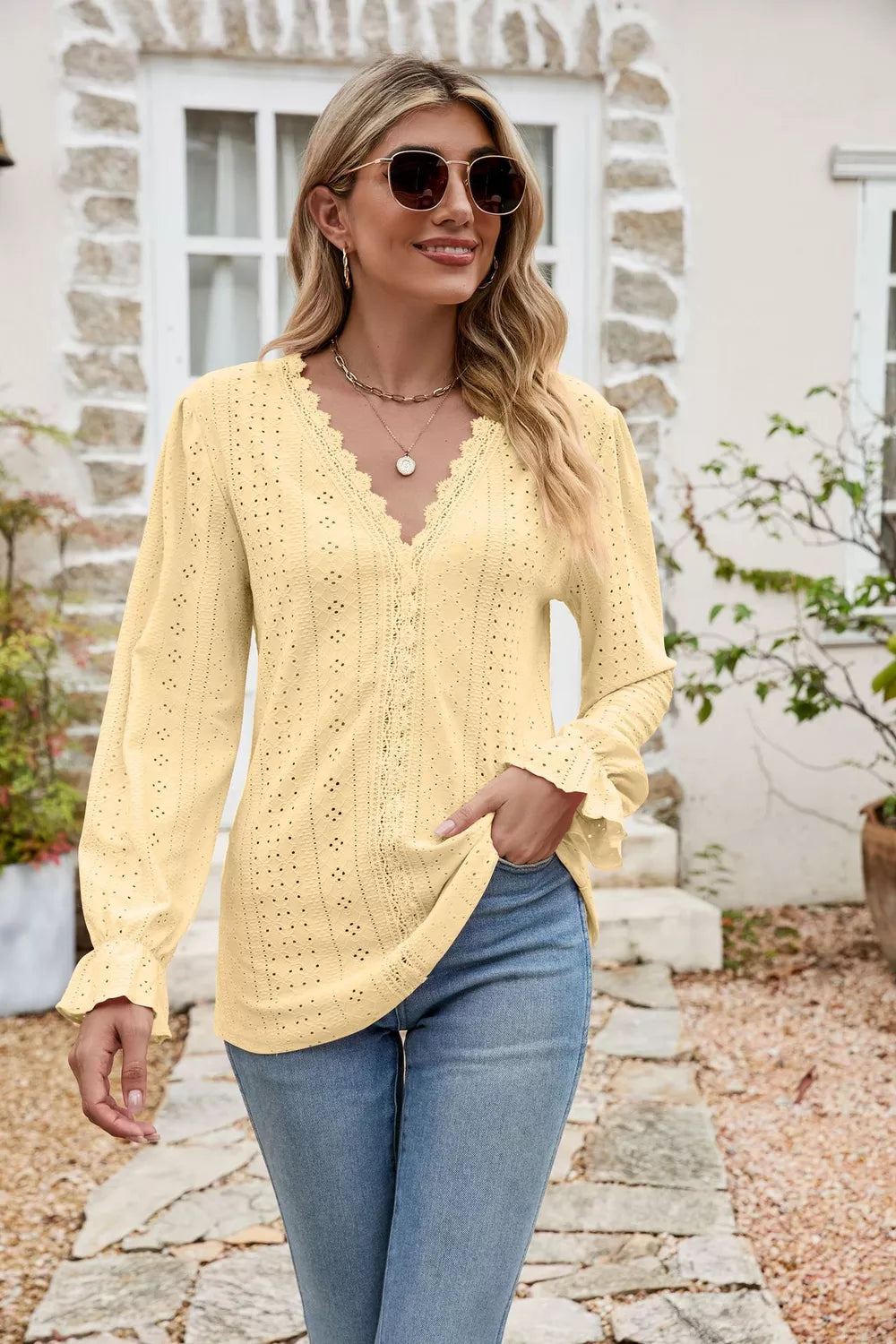 Lisette Eyelet Blouse detail view styled for Avrienne