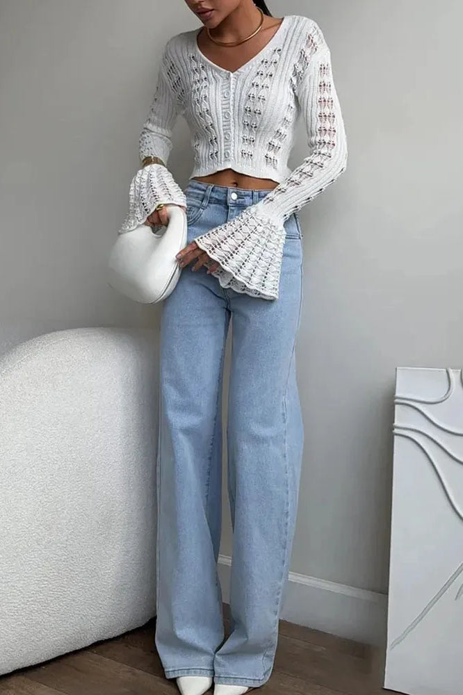 Hollow Out Knit V Neck Long Sleeve Cardigan image 4