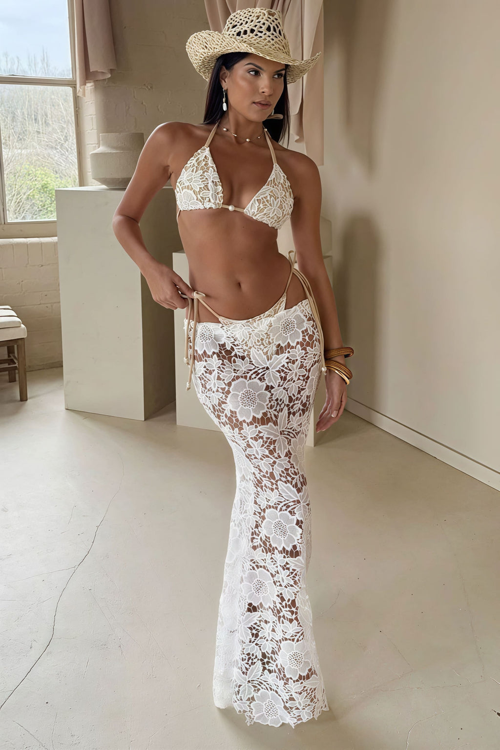 Lace Tie Side Bikini With Maxi Skirt Three Piece Swim Sets image 1
