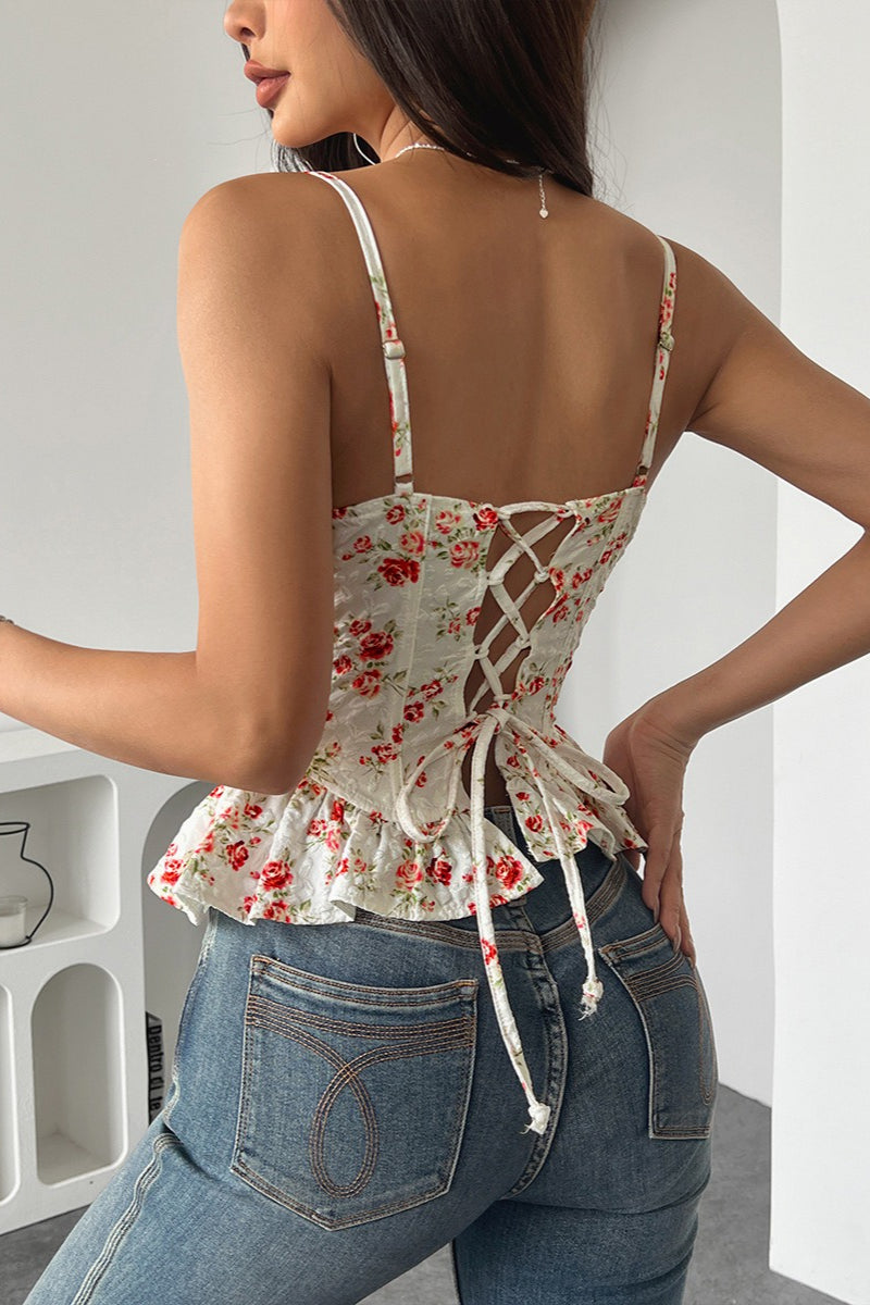 Sexy Floral Lace Up Backless Strapless Ruffle Cami Top image 2