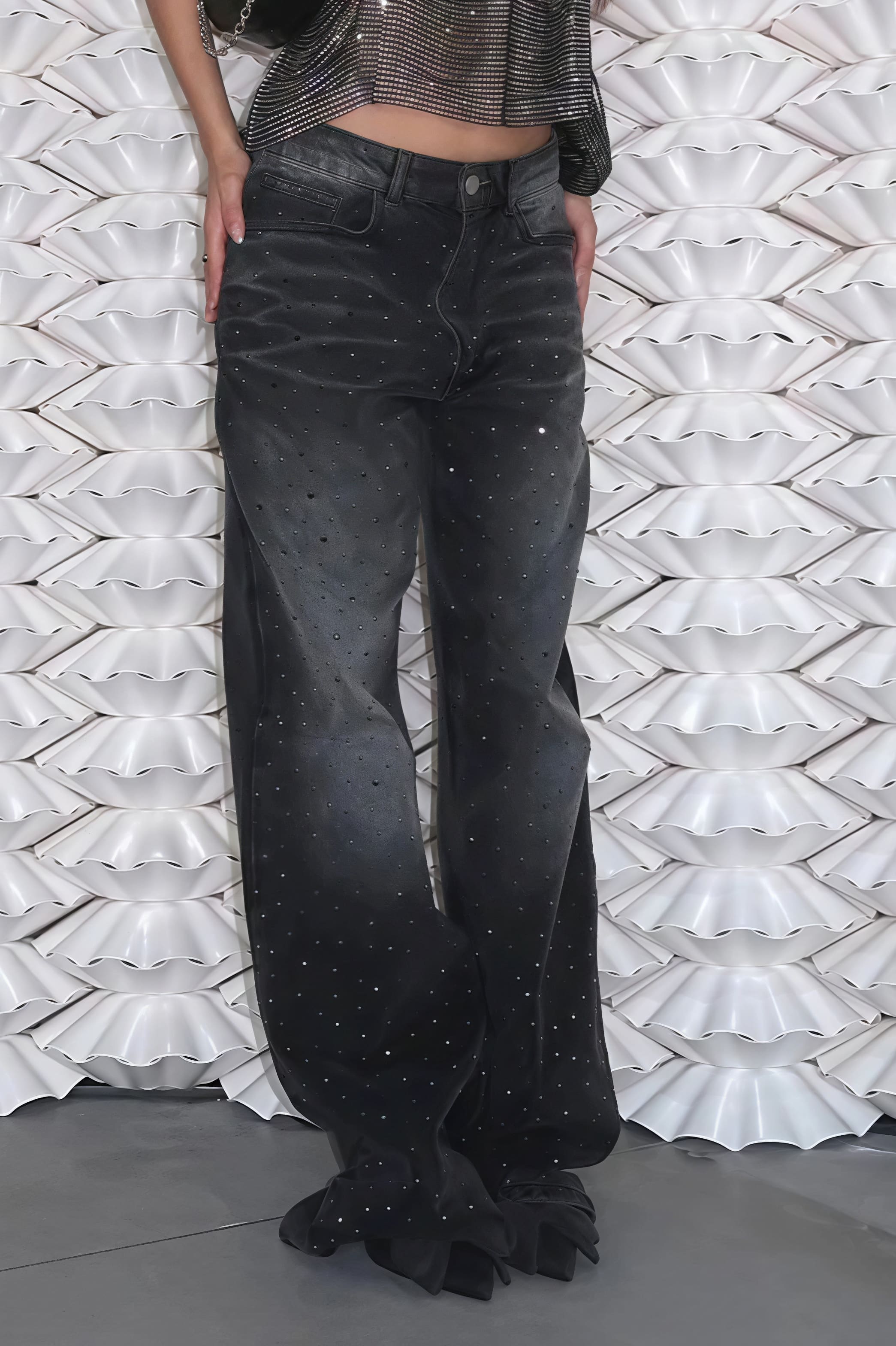 Vintage Rhinestone Distressed Low Waist Wide Leg Jeans image 3
