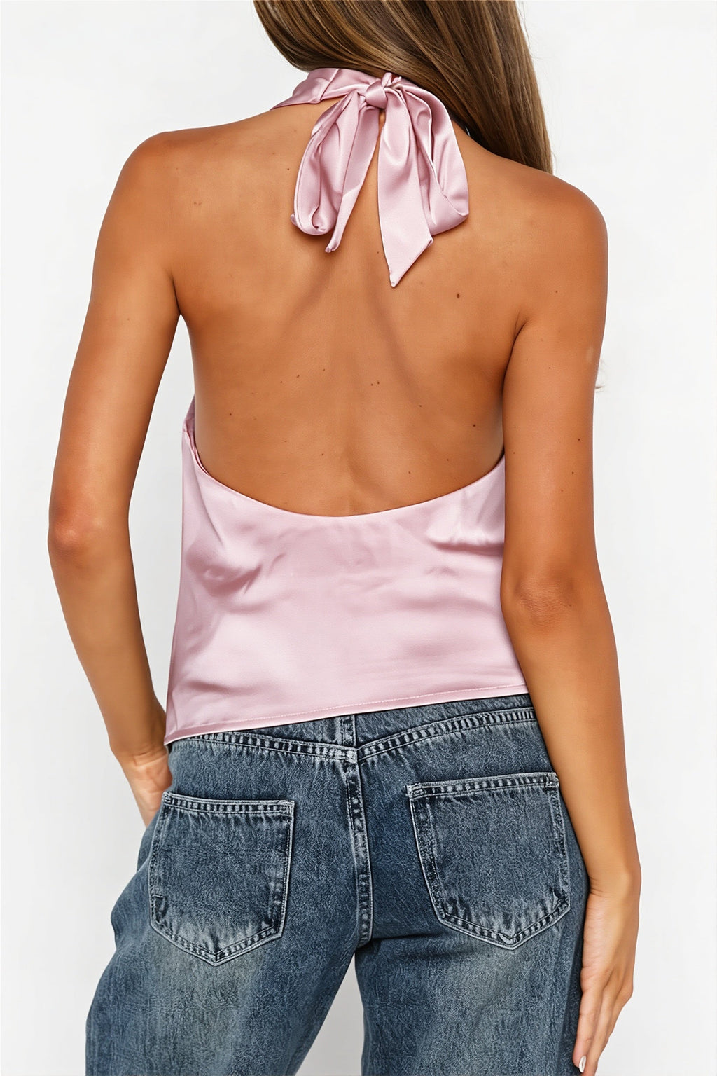 Elegant Hollow Solid Satin Halter Top image 12