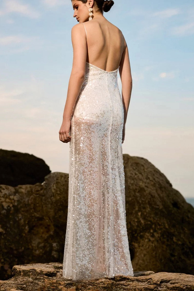 Solid Patchwork Sheer Backless Cami Sequin Maxi Dress image 8