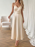 Allegra Satin Maxi Dress detail view styled for Avrienne