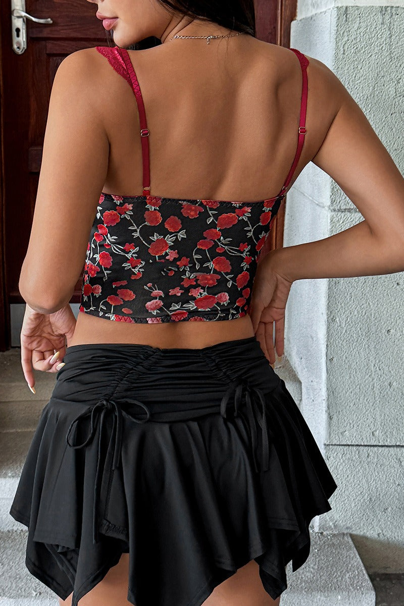 Rose Print Lace Bustier Tie Slim Cami Top image 5