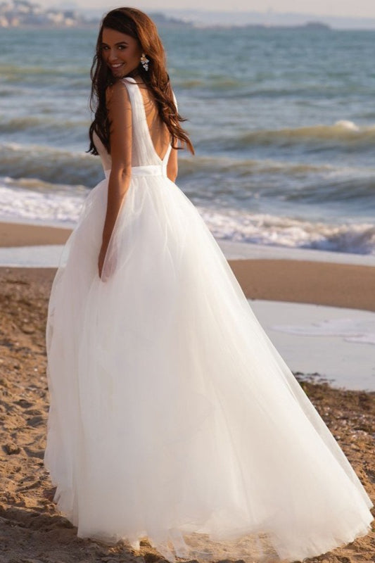 Elegant Minimalist Deep V Backless Reception Dress image 4