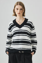 Striped V Neck Loose Long Sleeve Knit Sweater image 5