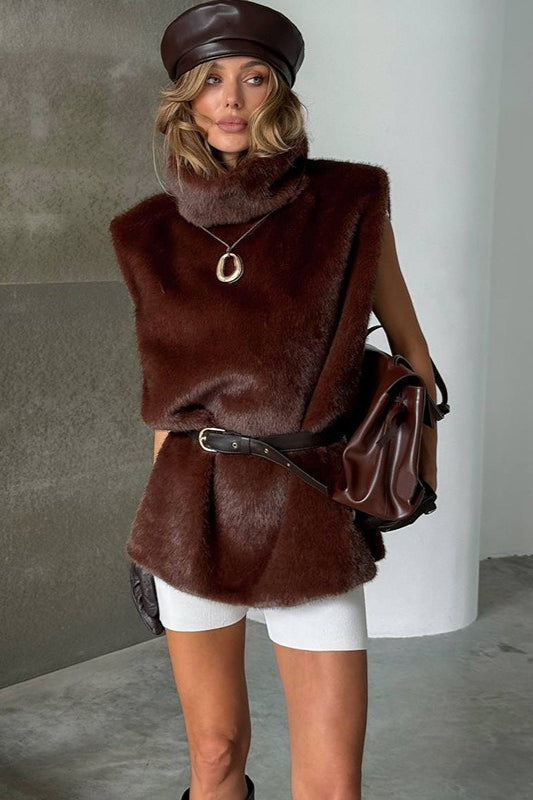 Solid Turtleneck Fuzzy Sleeveless Vest image 3