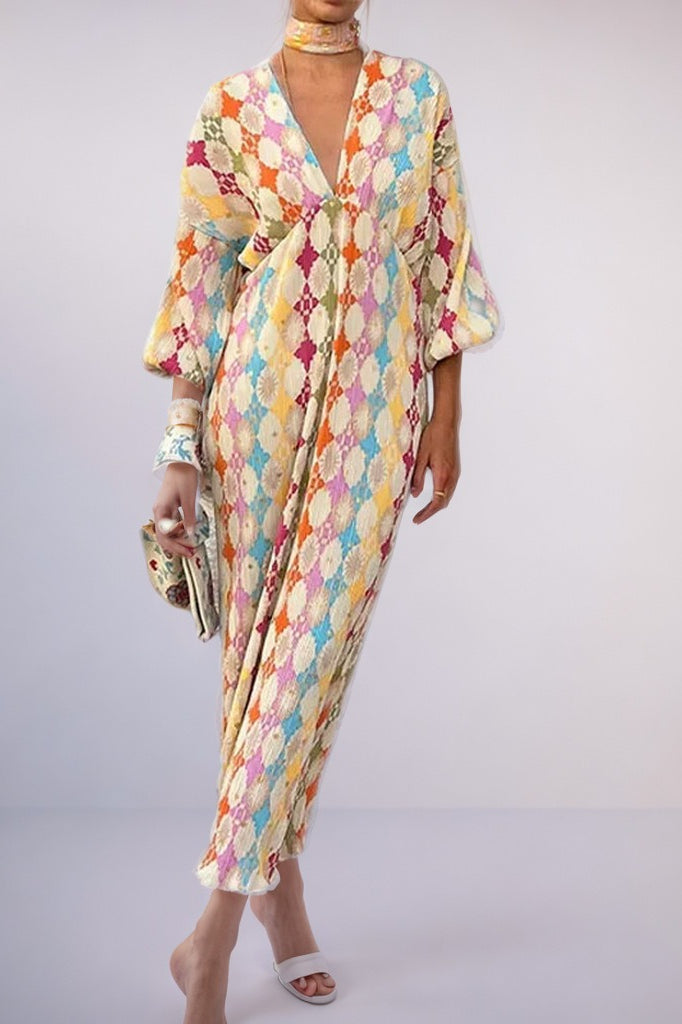 Elegant Floral V-Neck Lantern Sleeve Boho Dress image 3