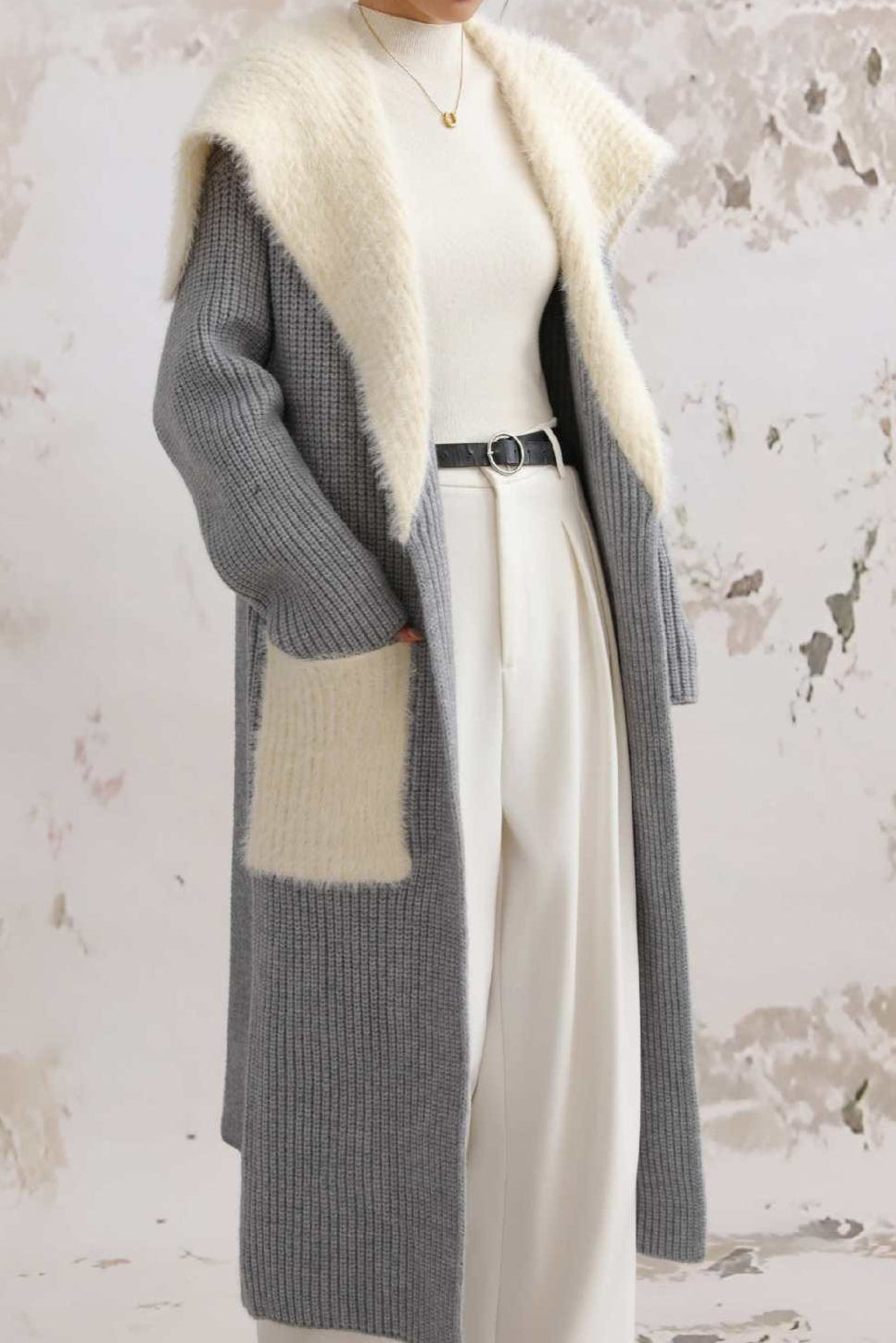 Faux Fur Collar Long Patchwork Loose Knit Overcoat image 9