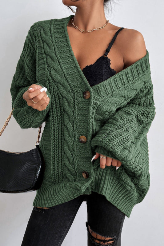 V-Neck Vintage Cable Knit Balloon Sleeve Cardigan image 7